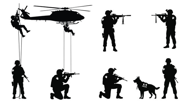 A dramatic scene depicting military personnel rappelling from a helicopter with armed soldiers rendered as a silhouette high quality professional detailed