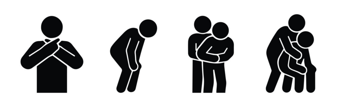 Stickman demonstrates Heimlich maneuver steps to help someone choking. Vector illustrations, showing emergency aid with clear actions. Transparent background.