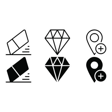Eraser Diamond Gem Location Pin Outline Solid Icon Set Vector