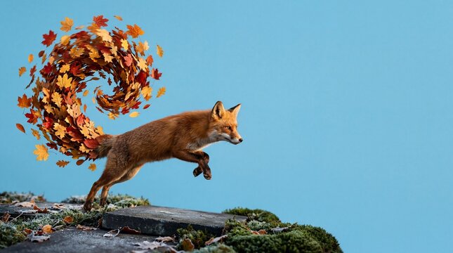 Red fox jumping with tail made of autumn leaves conceptual 3D art