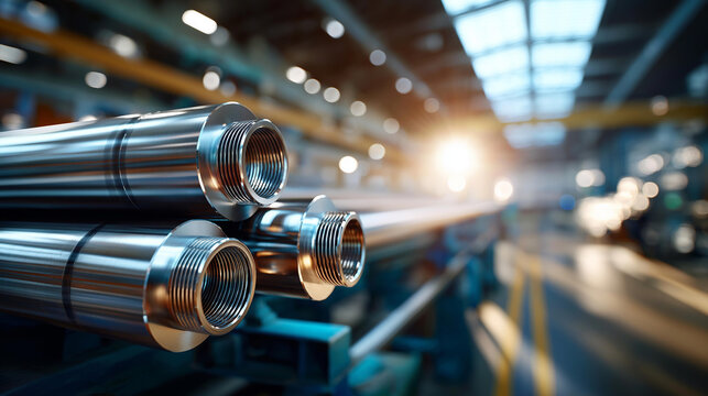 Close up of polished stainless steel industrial pipes stacked neatly on a warehouse rack the pipe ends showing precise machined bevels and internal thread detail sunlight from