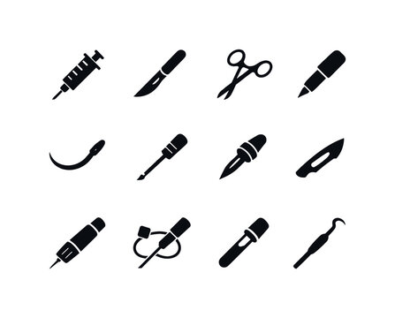 Medical Sharps. Solid icon set of medical sharps: syringe needle, scalpel, surgical scissors, lancet, suture needle, biopsy needle, trocar, medical blade,