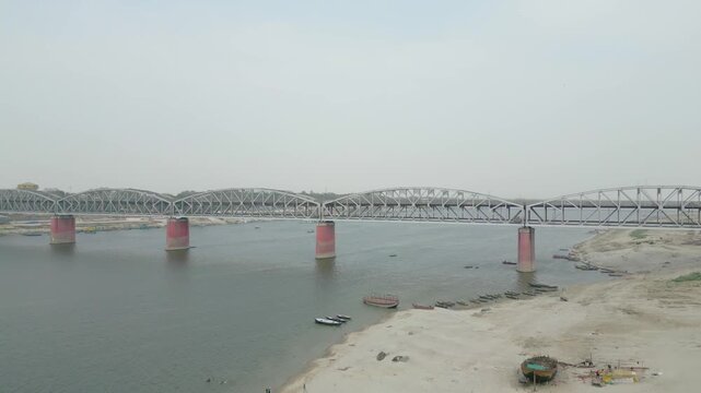 Aerial view of Malviya Bridge, This is a double decker bridge over the Ganges at Varanasi.