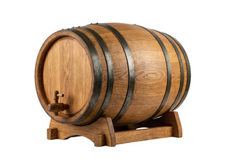Fototapeta premium Oak wooden barrel with tap isolated. Beverage aging container.