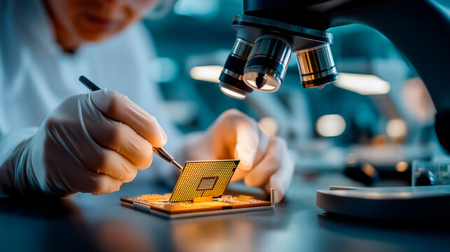 Close up of hands in cleanroom gloves assembling a microchip onto a board using a precision placement tool the chip showing gold contact pads and the board showing solder paste