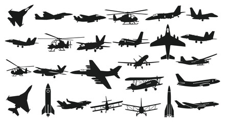 A collection of various military and civilian aircraft depicted in stark black silhouettes against a white background silhouette high quality professional © CreativeAkash099