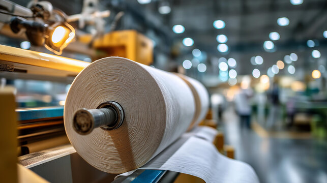 Close up of large industrial paper manufacturing rolls on a winding machine in a bright factory environment the paper surface showing smooth texture and the roll edge showing