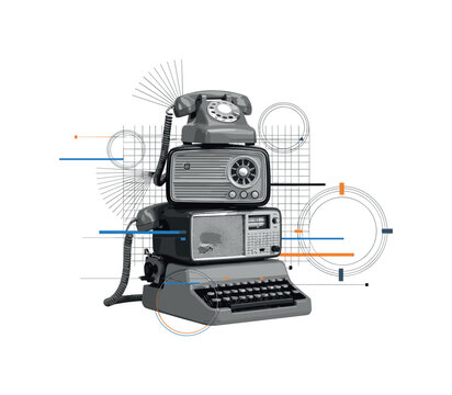 stack of vintage communication devices with abstract overlay, monochrome objects combined with grid lines and circular motifs, thin bars and rectangles