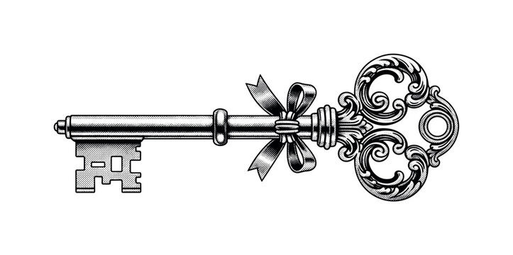 A baroque skeleton key with richly detailed engraved bow and decorative flourishes, isolated in minimal composition, black and white halftone illustration,