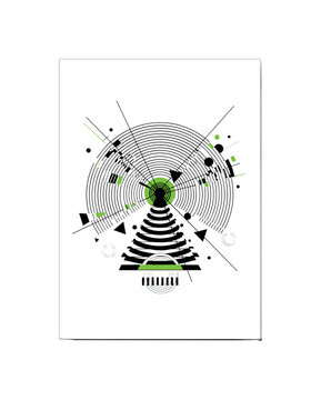 distorted vintage radio waves with geometric disruption, monochrome wave arcs broken by triangles and circular fragments, glitch lines intersecting