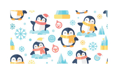 Fototapeta premium penguins and winter snow icons seamless pattern, repeating pattern, surface design, textile print, soft color palette, modern illustration, flat vector