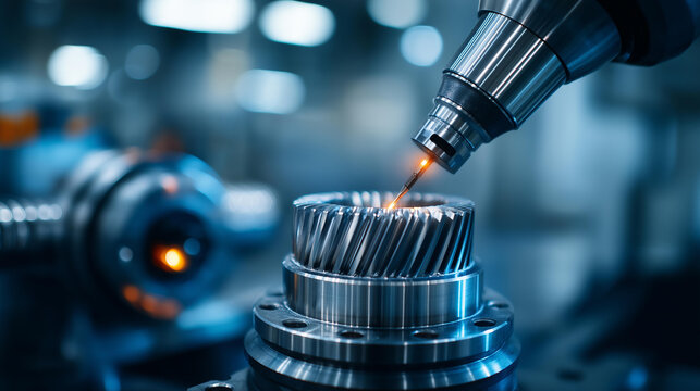 Close up of a precision coordinate measuring machine probe touching the surface of a machined metal gear the probe tip creating a measurement point with a digital readout showing