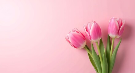 Fototapeta premium Three pink tulips on a soft pink background with green stems