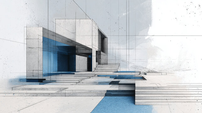 Modern Abstract Architectural Blueprint With Staircase And Blue Accents For Design Concepts