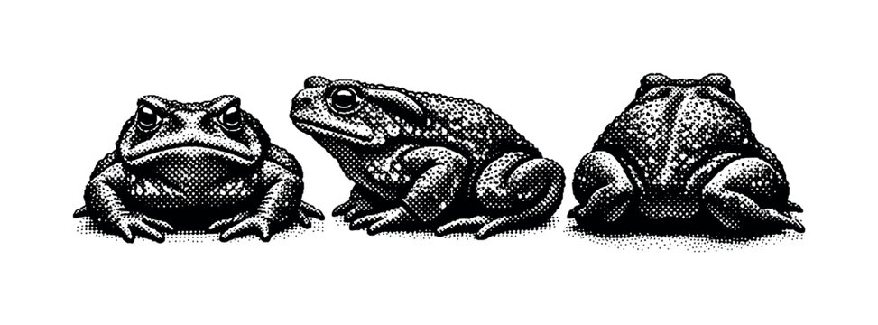 Common toad crouching pose A realistic common toad in a crouched defensive posture presented as one object in three views: low front view, side crouched view,
