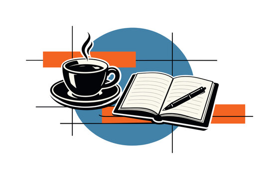 A black-and-white retro coffee cup and open notebook arranged as cut-out objects with thin white outlines, layered over a bold muted blue circle and