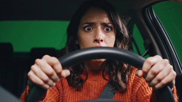 Woman Gripping Steering Wheel Learning To Drive, Terrified Wideeyed Reaction Inside Car With Green Background, Orange Sweater And Seatbelt Visible, Closeup Interior Shot Showing Sudden