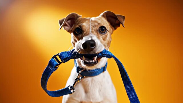 This features a playful dog holding a blue leash in its mouth against a vibrant orange background, showcasing its happy and energetic personality.