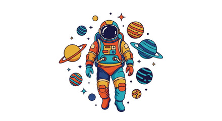 Astronaut in space with planets illustration isolated © HALEDS