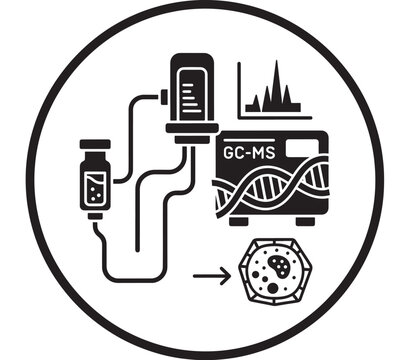 GC-MS machine with connected devices and DNA double helix structure diagram featuring GC-MS, device, equipment with laboratory and science elements