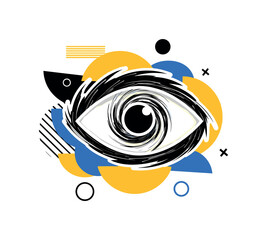 Obraz premium ocean storm eye symbol with abstract semicircles circles and graphic blocks, black and white storm waves forming dramatic eye shape with white outline cut-out