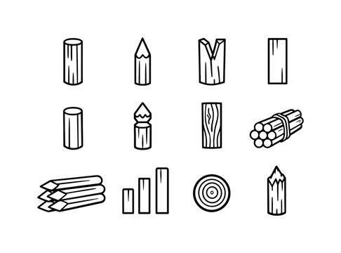 Wooden Stakes. Line icon set of Wooden Stakes: raw wood stake, sharpened stake, split wood stake, flat wooden stake, round wooden stake, carved stake end,