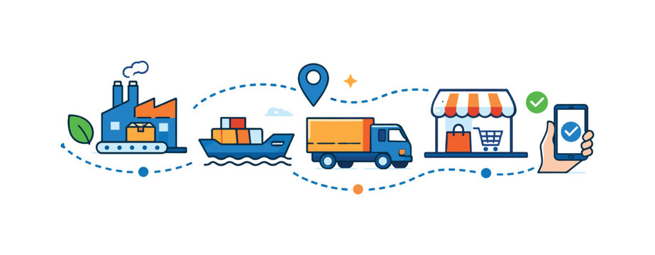 Supply chain transparency tech enabling clear product journeys from origin to delivery, shown through connected icons of factories, transport, and retail