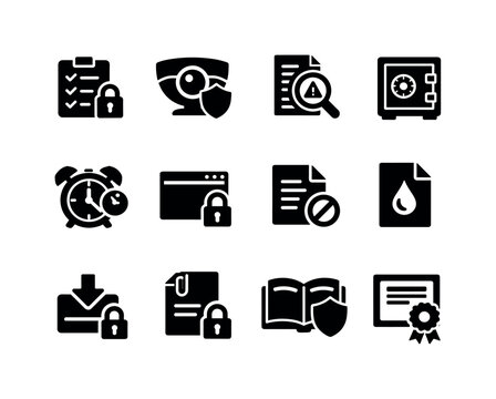 Secure Content and Assessments. Solid icon set of secure content and assessments: exam lock, proctoring webcam shield, plagiarism scan, question bank vault,