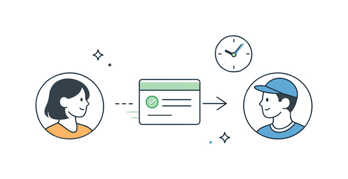 Task handoff between teammates. A task card moving from one profile avatar to another with a small clock icon nearby, symbolizing asynchronous work. The mood