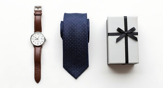 Mens accessories watch tie and gift box on white background