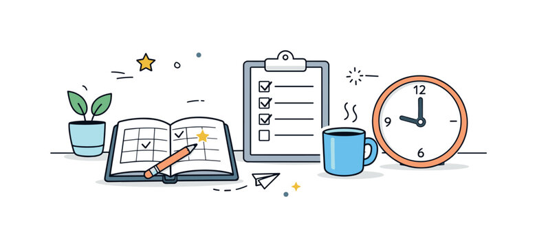 Prepared mindset. A calm workspace with planner, checklist, and clock, suggesting readiness for upcoming tasks. Quiet confidence with minimal