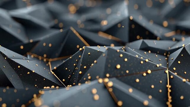 Dark geometric shapes with gold accents.