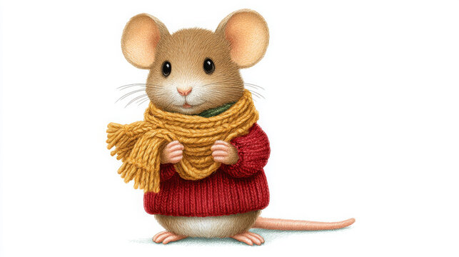 Cute cartoon mouse wearing a red sweater and yellow scarf, holding the scarf with both paws, standing on a white background, showcasing adorable animal illustration