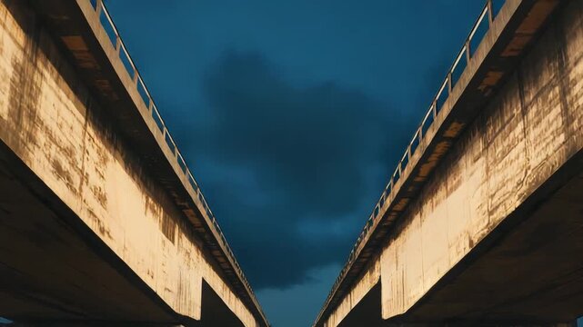 Concrete overpass structures forming a symmetrical v under a cloudy sky, low angle view highlighting urban infrastructure, strong lines, industrial texture, scale, and connectivity
