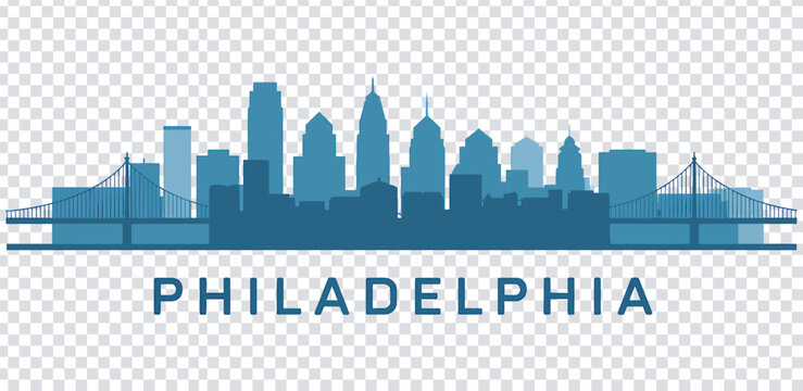 Vector illustration philadelphia city skyline with ben franklin bridge in blue silhouette