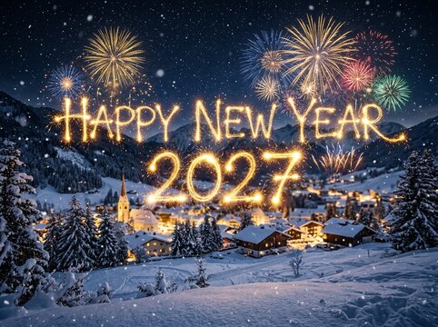 Happy New Year 2027 sparkling text over snowy mountain village, festive fireworks display in night sky, winter holiday celebration background