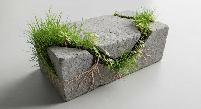 Resilient green grass and roots growing through a cracked concrete block, symbolizing nature's persistence