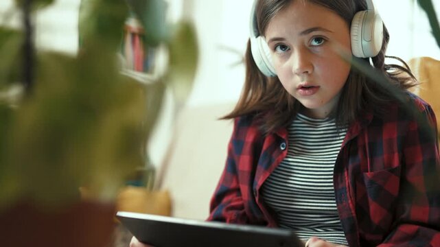  Responsible preteen girl in headphones using tablet to learn about houseplant care at home - 4k, 10bit footage.