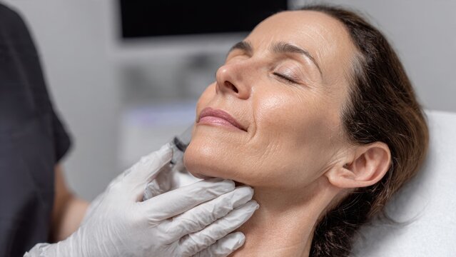 Professional esthetician administering cosmetic injection to a mature woman's jawline and neck area for fat reduction, contouring, and skin tightening in a modern clinic.