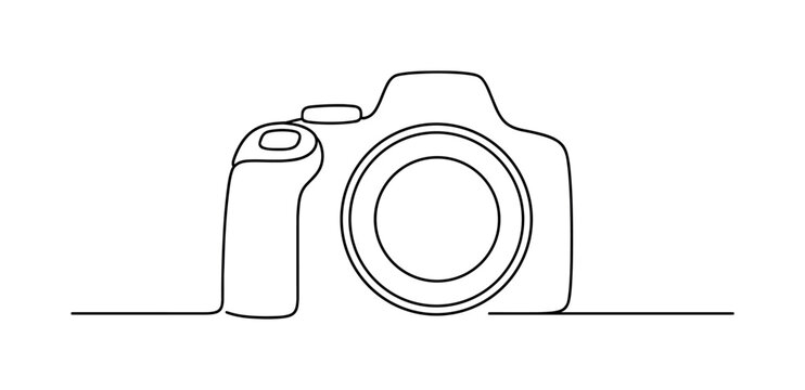 "Minimal DSLR Outline". Minimalistic one-line drawing modern camera silhouette with angled grip and centered