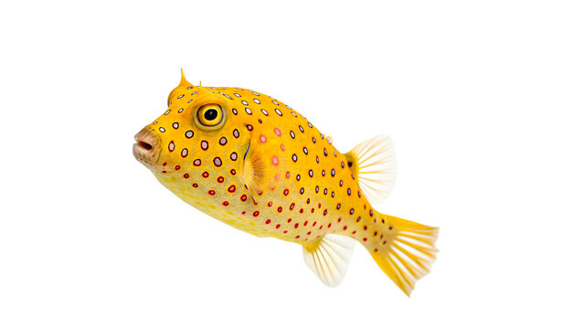 yellow boxfish swimming isolated on transparent background cut out