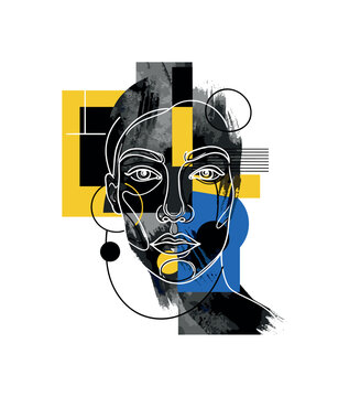 ink portrait macro brush texture with abstract geometric blocks circles and lines, black and white textured ink brush strokes suggesting facial structure with