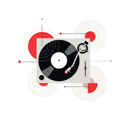 Obraz premium turntable vinyl with stylus interacting with abstract geometry, monochrome record and needle paired with concentric circles and thin linear elements,
