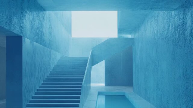 Abstract concrete interior featuring multiple levels, geometric forms, a long staircase, and a serene water pool bathed in a calming blue ambient light