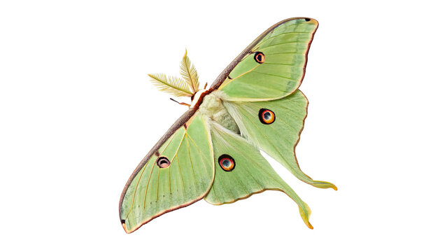 luna moth lime green wings with eyespots isolated on transparent background cut out