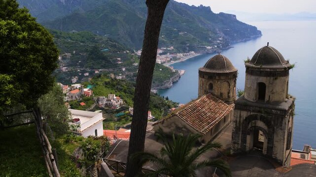 Villa Rufolo gardens overlooking Ravello and Amalfi Coast in Ravello, Italy