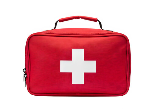 A red first aid kit with a white cross isolated on transparent background, png