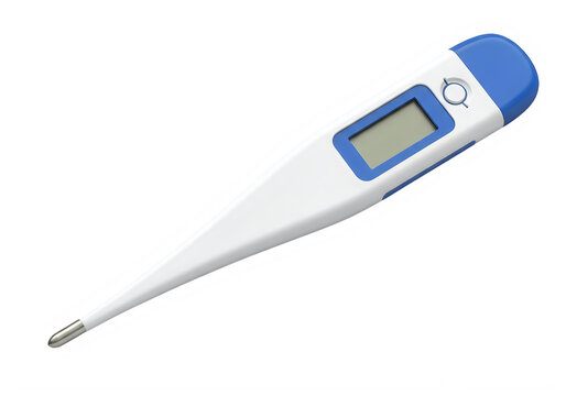A white and blue digital thermometer with a silver probe isolated on transparent background, png