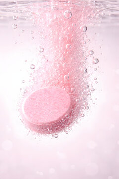 Effervescent Dissolve: A pink effervescent tablet dissolves in clear water, creating a captivating visual of fizzing bubbles and vibrant color, symbolizing health, wellness, and freshness.