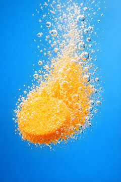 Effervescent Tablet Dissolving: An orange tablet swiftly dissolves in water, creating a vibrant display of bubbles against a blue background, showcasing the power of a quick and effective remedy.